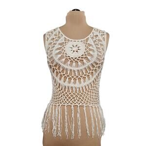 Demanding White Boho Crochet Fringe Tank Top Medium Boho Coachella